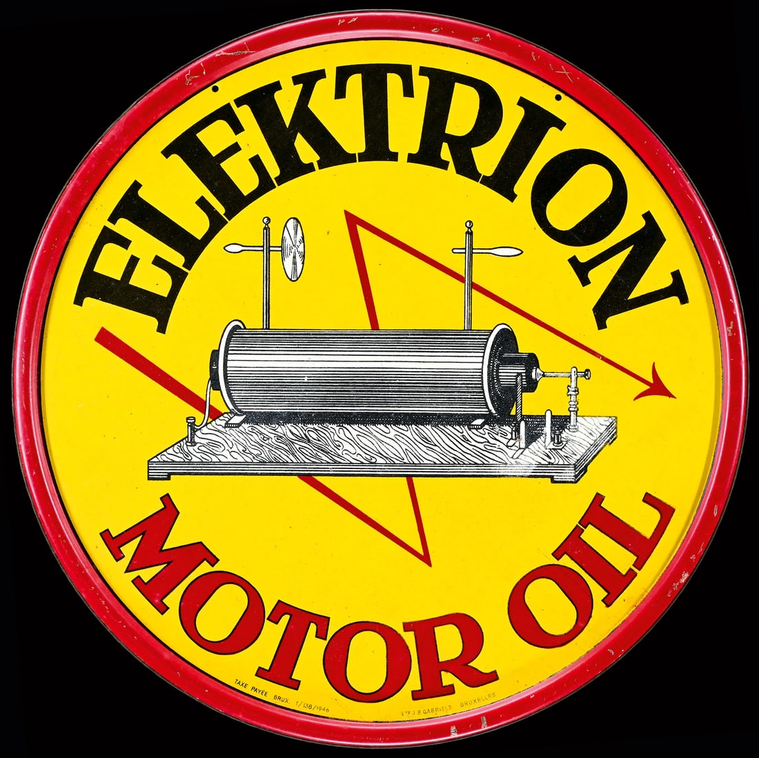 ELEKTRION MOTOR OIL | 13" TIN SIGN: Tin sign, lithographed, BE 1946, diam. 33 cm, Ets. J.B. Gabriels, Bruxelles | We do only sell old original pieces - no reproductions or fakes. We pack in house, most items can be shipped overseas. Woo