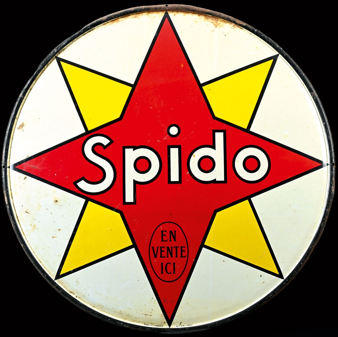 SPIDO | 19" TIN SIGN: Tin sign, convex, F around 1930, diam. 47 cm, J.J. Carnaud, Paris | We do only sell old original pieces - no reproductions or fakes. We pack in house, most items can be shipped overseas. Wooden crates