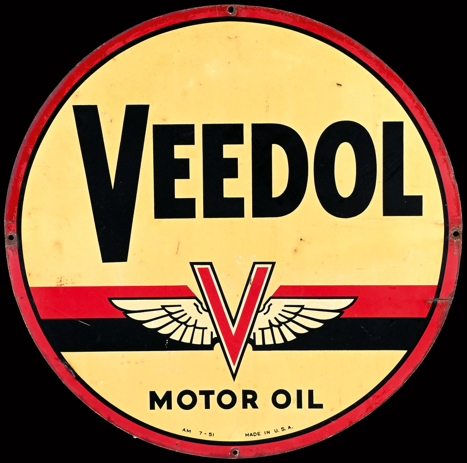 VEEDOL MOTOR OIL | 24" TIN SIGN: Tin sign, USA July 1957, diam. 60 cm, AM | We do only sell old original pieces - no reproductions or fakes. We pack in house, most items can be shipped overseas. Wooden crates are available. For furth