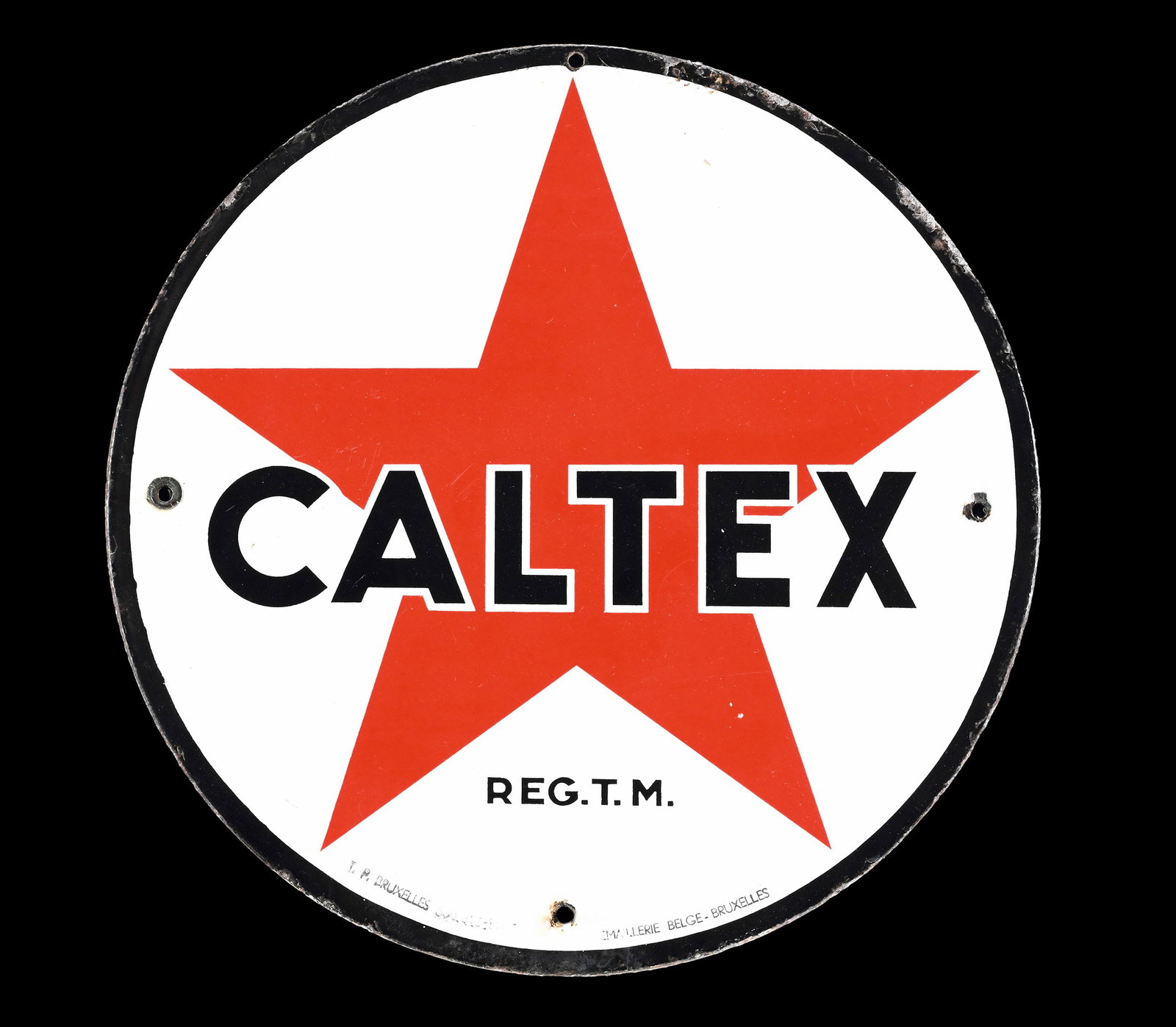 CALTEX | 12" PUMP PLATE PORCELAIN SIGN: Porcelain sign ( Enamel sign ), stenciled, BE 1955, diam. 30 cm, Emaillerie Belge, Bruxelles | We do only sell old original pieces - no reproductions or fakes. We pack in house, most items can be ship