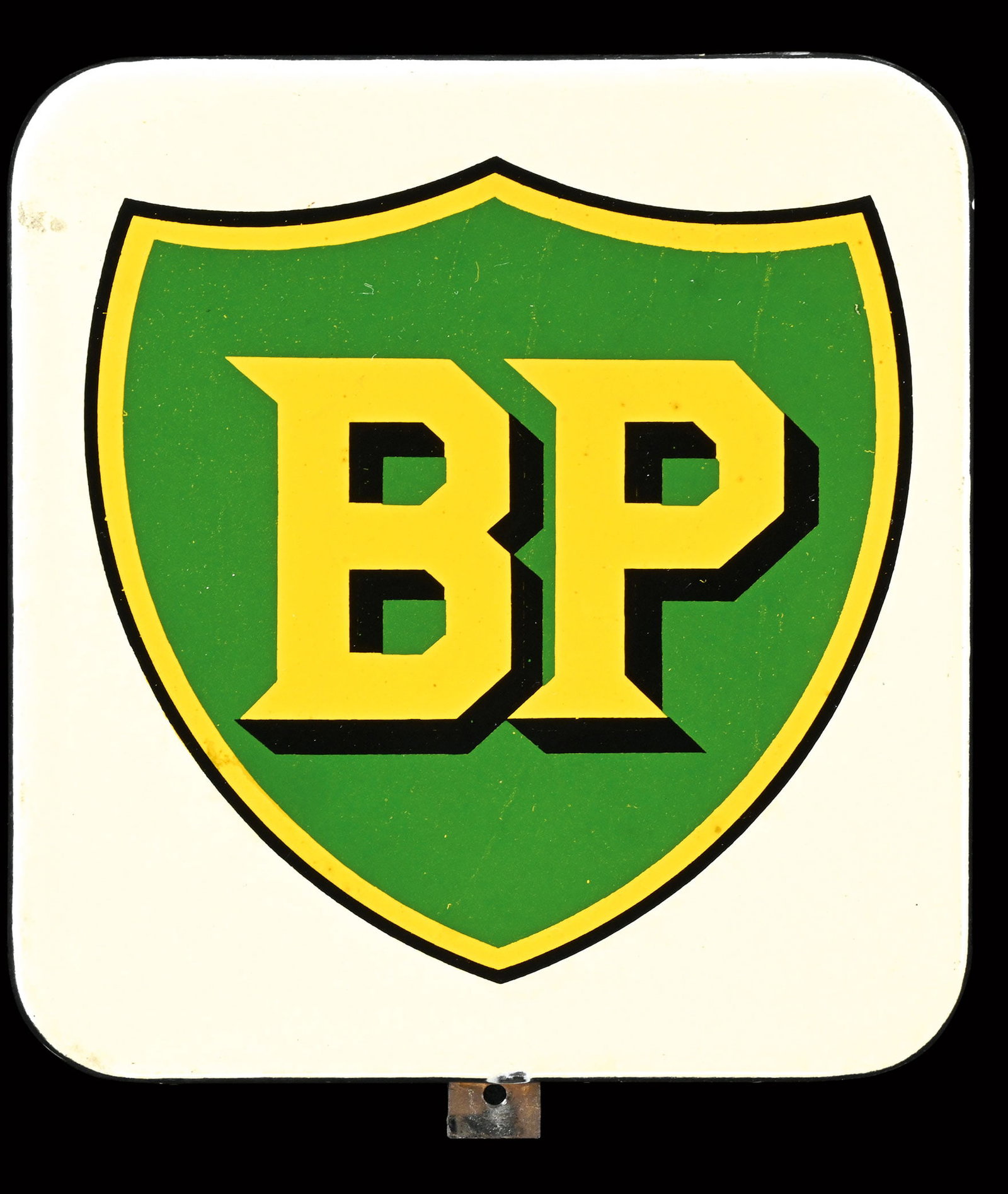 BP | 7" PUMP PLATE PORCELAIN SIGN: Porcelain sign ( Enamel sign ), stenciled, 1950s, 17 x 17 cm, rare in this version | We do only sell old original pieces - no reproductions or fakes. We pack in house, most items can be shipped overse