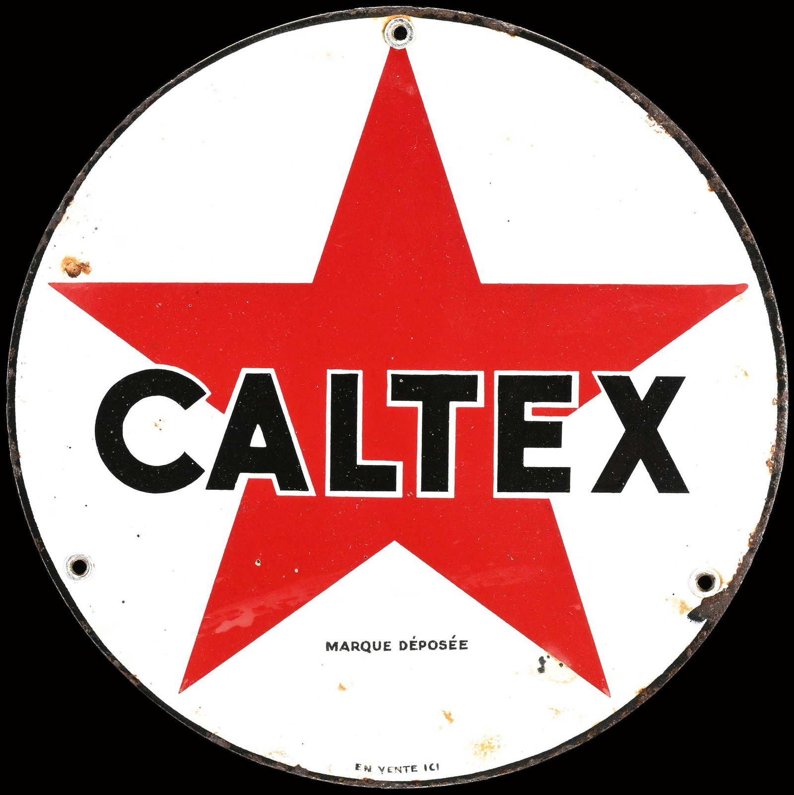 CALTEX | 8" PUMP PLATE PORCELAIN SIGN: Small Porcelain sign ( Enamel sign ), pump plate, stenciled, F 1950s, diam. 20 cm | We do only sell old original pieces - no reproductions or fakes. We pack in house, most items can be shipped oversea