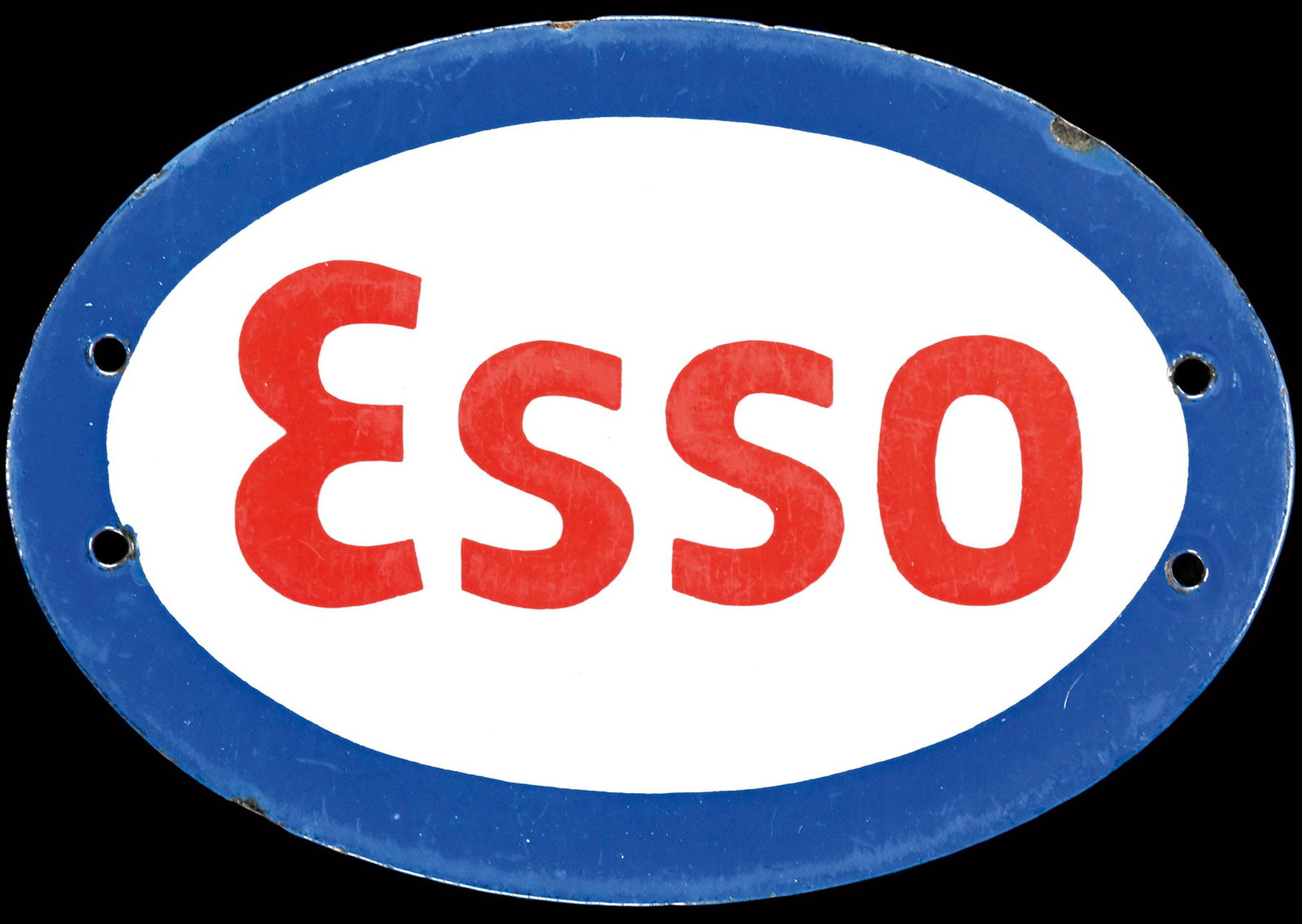 ESSO | 5" PUMP PLATE PORCELAIN SIGN: Enamel sign in small format, stenciled, around 1950, 13 x 9 cm, superficial scratches, rare | We do only sell old original pieces - no reproductions or fakes. We pack in house, most items can be shipp