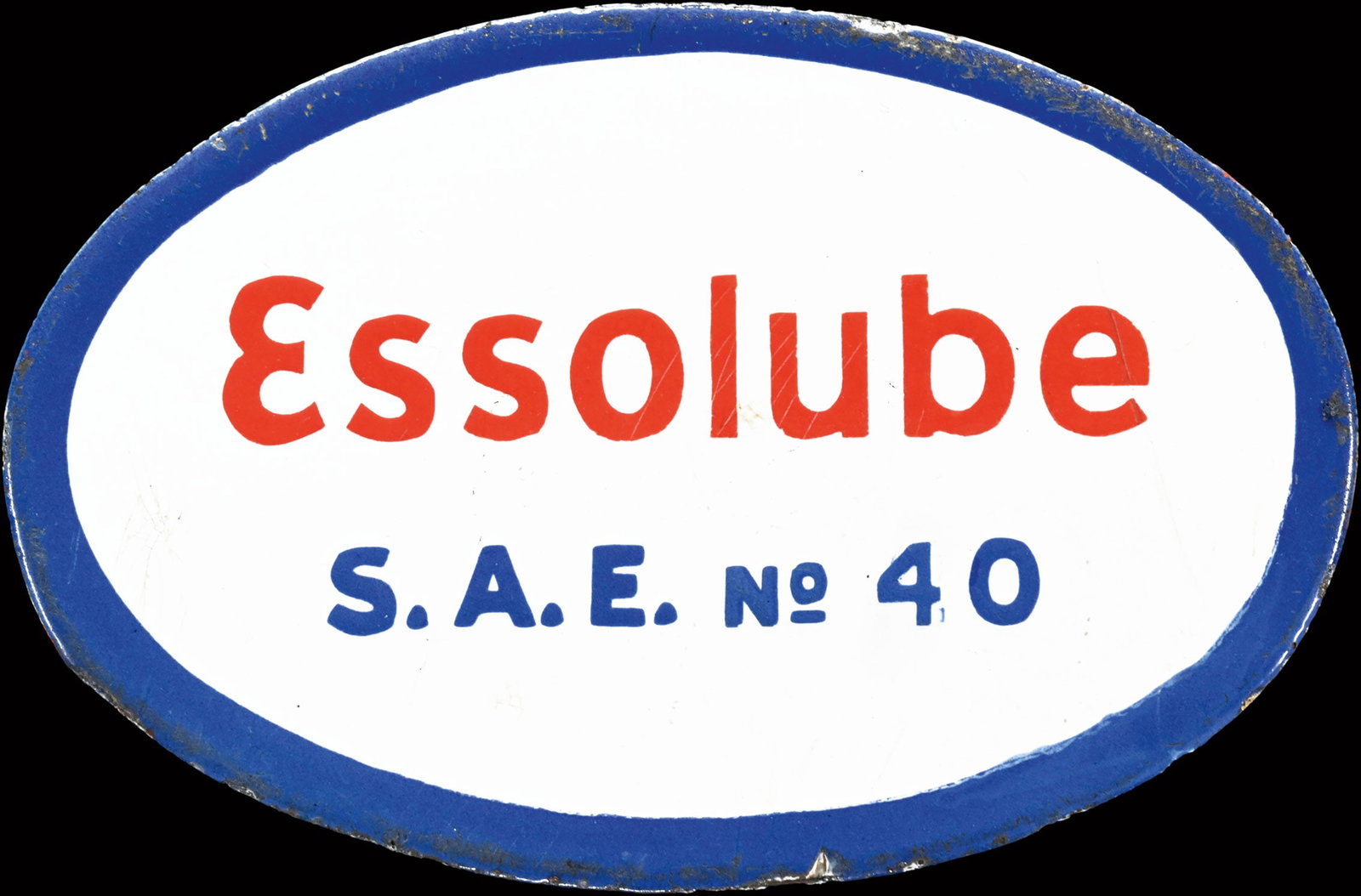 ESSOLUBE S.A.E. No. 40 | 6" PUMP PLATE PORCELAIN SIGN: Porcelain sign ( Enamel sign ), stenciled, the back with mounting tabs, around 1950, 16 x 10,5 cm, rare | We do only sell old original pieces - no reproductions or fakes. We pack in house, most items 