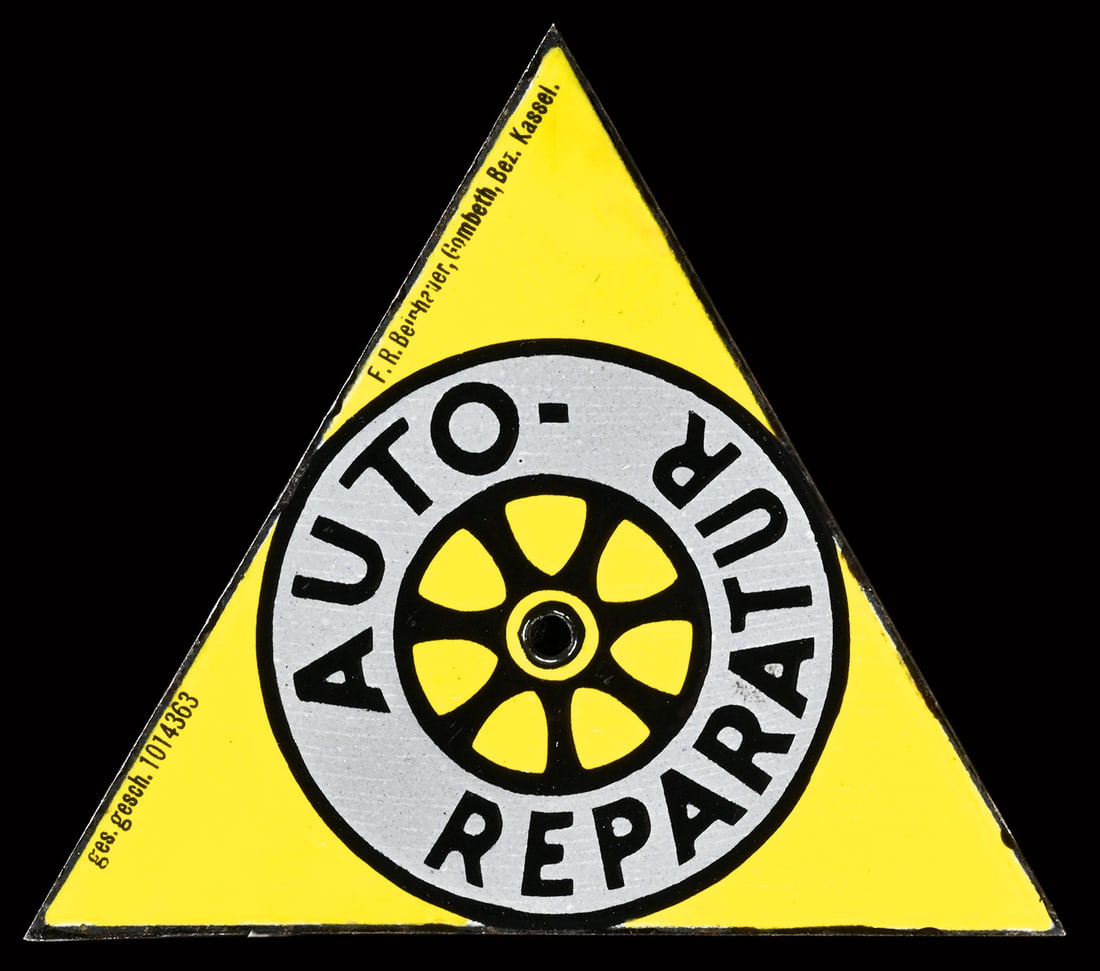 AUTO-REPARATUR | 5" PORCELAIN SIGN: Doorsign, enamelled, thickly stenciled, GER around 1930, 13 x 11 cm, F.R. Beinhauer, Gombeth, Bez. Kassel, rare | We do only sell old original pieces - no reproductions or fakes. We pack in house, mos