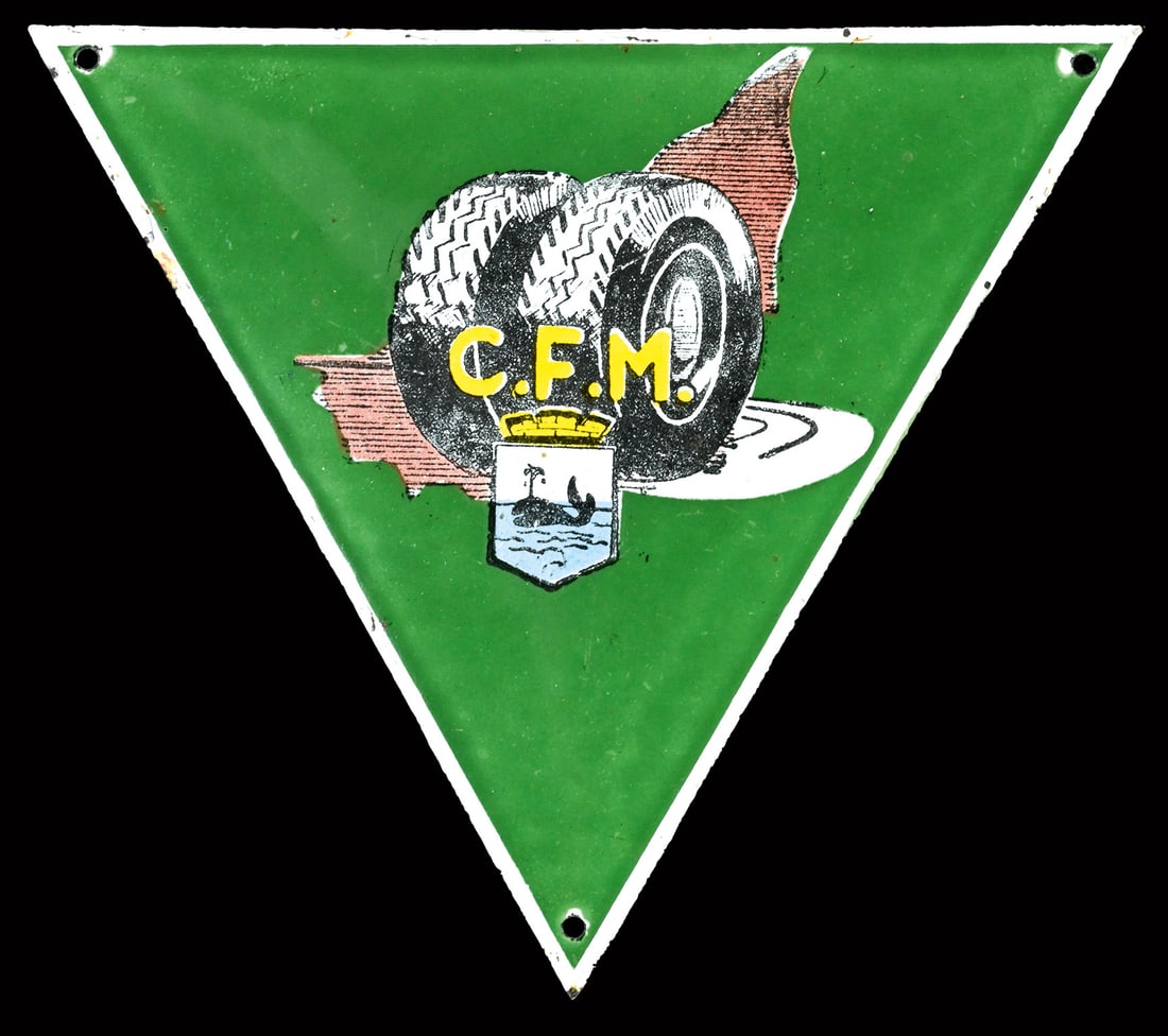 C.F.M TYRES | 6" PORCELAIN SIGN: Doorsign, enamel, convex, stenciled and lithographed, around 1950, 15 x 13 cm | We do only sell old original pieces - no reproductions or fakes. We pack in house, most items can be shipped overseas. W