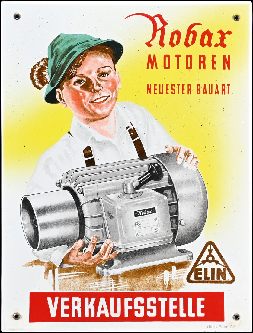 ROBAX MOTOREN | 16" PORCELAIN SIGN | SUPERB CONDITION: Porcelain sign ( Enamel sign ), stenciled and lithographed, AT late 1940s, 30 x 40 cm, dressed in traditional clothing, the young man proudly presents the latest Robax Elin engine, an Austrian classic