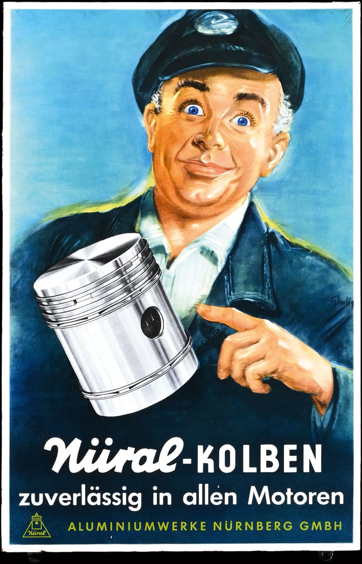 NUERAL KOLBEN | 29" PORCELAIN SIGN | SUPERB CONDITION: Porcelain sign ( Enamel sign ), stenciled and lithographed, GER around 1950, 48 x 73 cm, Pyro-Email - Boos & Hahn, Ortenberg/Baden, signed: Glombig - a rather friendly workshop foreman recommends the 