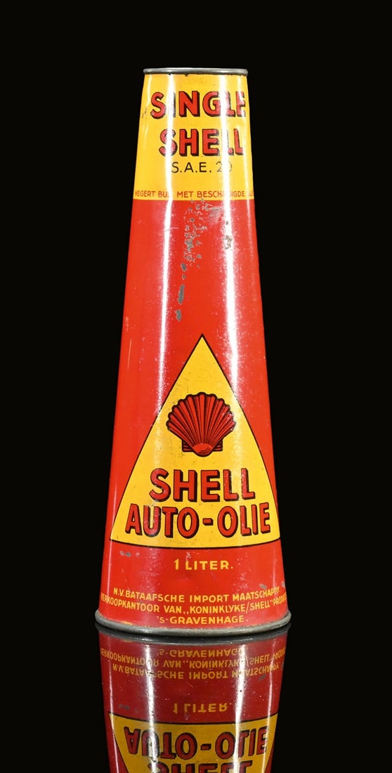 SINGLE SHELL AUTO-OLIE | OIL CAN: Oil can, tin, filling capacity 1 l, NL around 1930, H 27 cm, still filled and sealed, a rarity, here in the "Single Shell"-version | We do only sell old original pieces - no reproductions or fakes. We