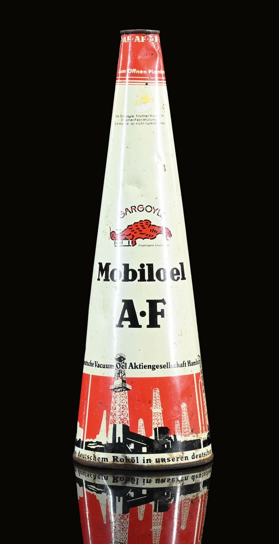 MOBILOEL AF | OIL CAN: Oil can, tin, filling capacity 1 l, GER around 1930, H 31 cm, a classic with depiction of the refinery | We do only sell old original pieces - no reproductions or fakes. We pack in house, most items c