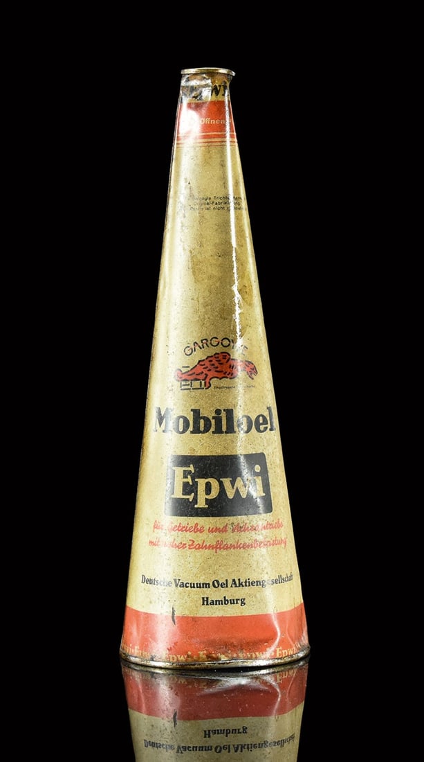 MOBILOEL EPWI | OIL CAN: Oil can, tin, filling capacity 1 l, GER around 1930, H 31 cm, some patina, still sealed with original filling | We do only sell old original pieces - no reproductions or fakes. We pack in house, most 