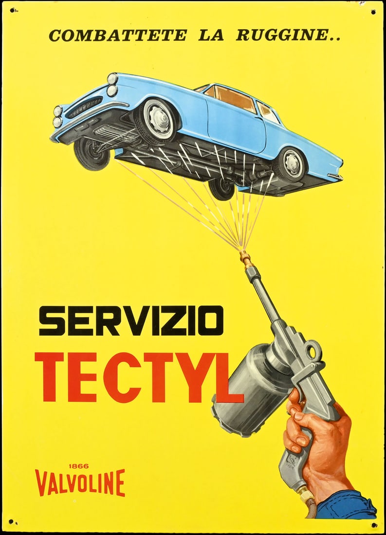 VALVOLINE TECTYL | RARE NOS 21" TIN SIGN |: Tin sign, lithographed, 1940s, 38 x 54 cm, NOS, still in its original shipping packaging, which still bears the emblem Valvoline used until 1941, the label shows that it was shipped from the Italian h