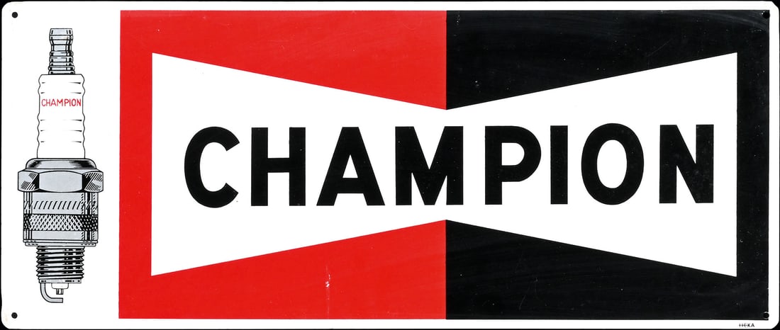 CHAMPION | 24" TIN SIGN: Tin sign, around 1960, 60 x 25 cm, HEXA | We do only sell old original pieces - no reproductions or fakes. We pack in house, most items can be shipped overseas. Wooden crates are available. For furthe