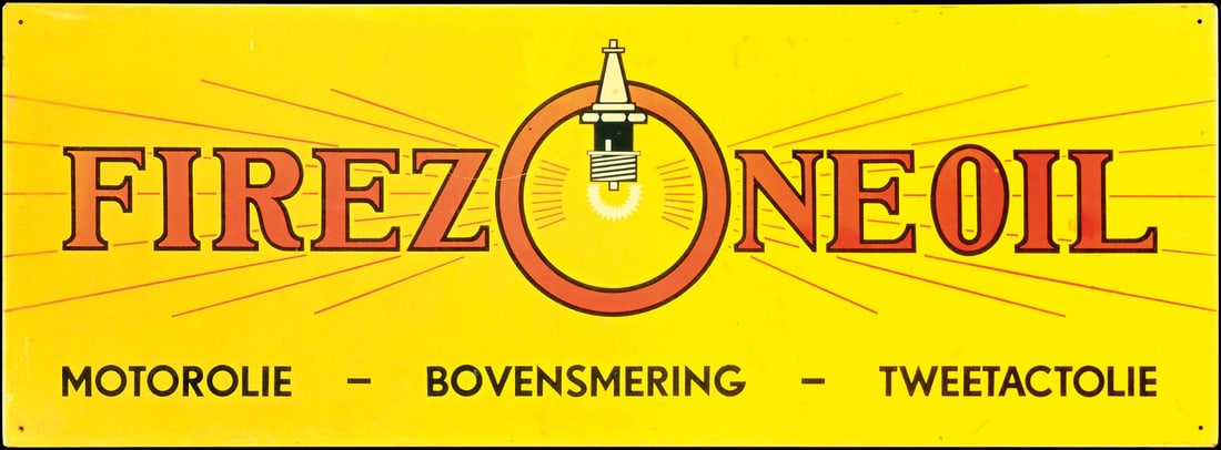 FIREZONE OIL | 26" TIN SIGN: Tin sign, NL around 1950, 66 x 24 cm, rare | We do only sell old original pieces - no reproductions or fakes. We pack in house, most items can be shipped overseas. Wooden crates are available. For fur