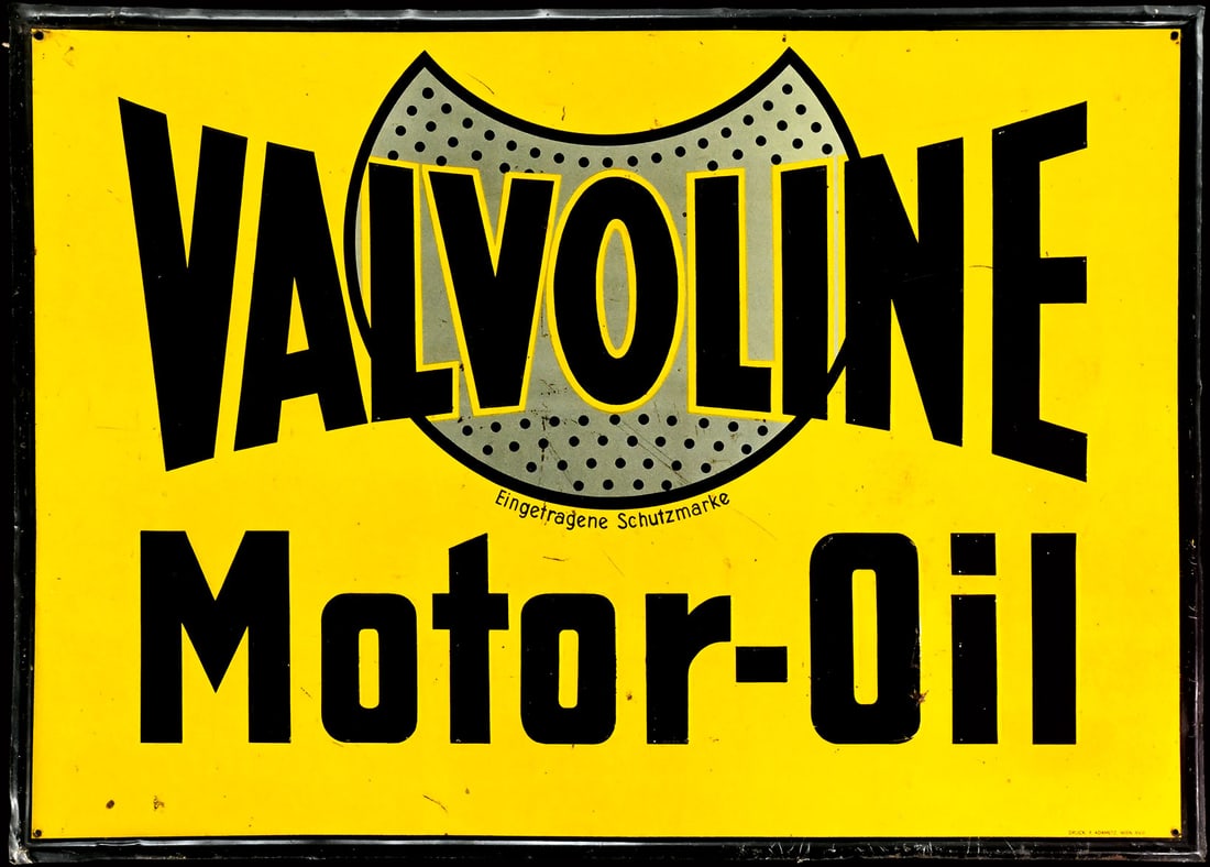 VALVOLINE MOTOR OIL | 27" TIN SIGN: Tin sign, embossed lettering, AT around 1930, 69 x 49 cm, F. Adametz, Wien, rare version with "Motor-Oil" lettering alone | We do only sell old original pieces - no reproductions or fakes. We pack in 
