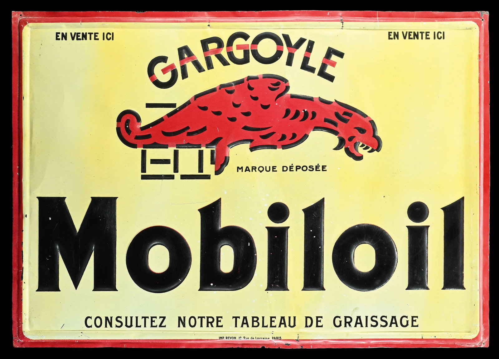 GARGOYLE MOBILOIL | 28" TIN SIGN: Tin sign, embossed, F 1920s, 70 x 50 cm, Imp. Revon, Paris, an early rare piece | We do only sell old original pieces - no reproductions or fakes. We pack in house, most items can be shipped overseas.