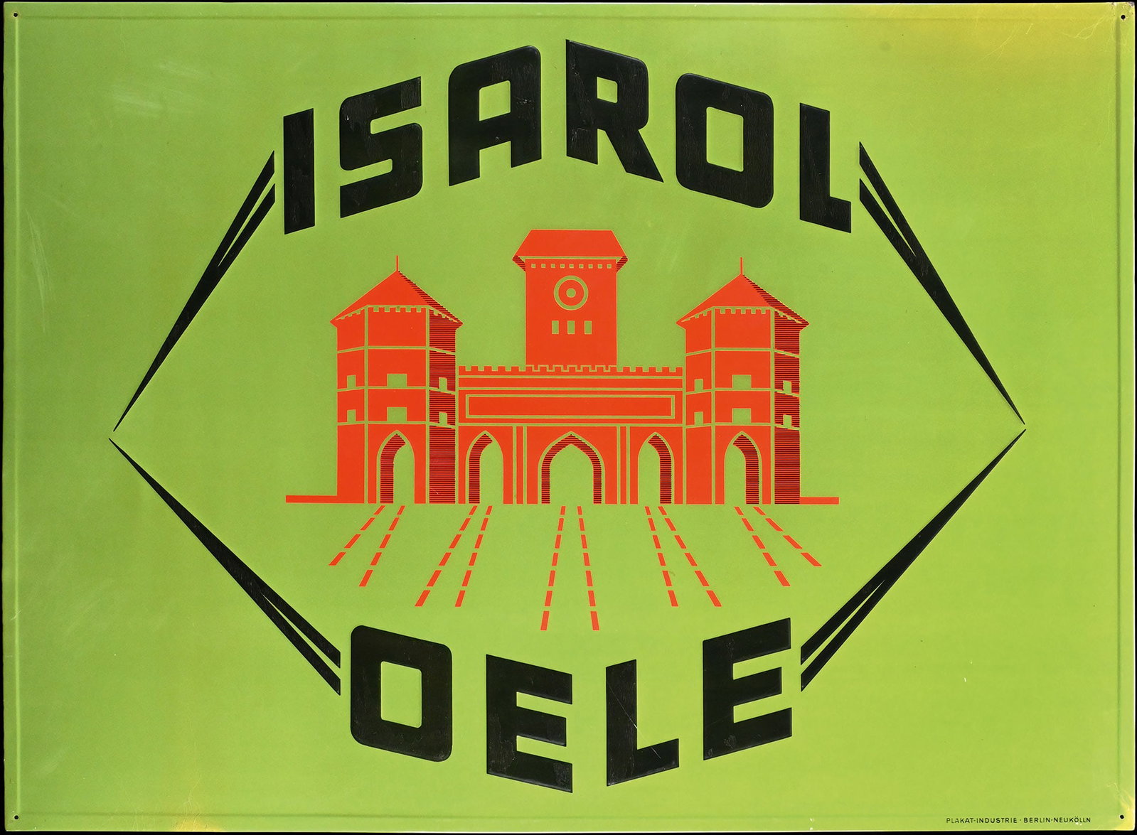 ISAROL OELE | 28" TIN SIGN: Tin sign, embossed, GER 1930s, 70 x 52 cm, Plakat-Industrie Berlin-Neukoelln, a sample piece for the motor oil from the Bavarian capital, no other piece is known to us | We do only sell old original p