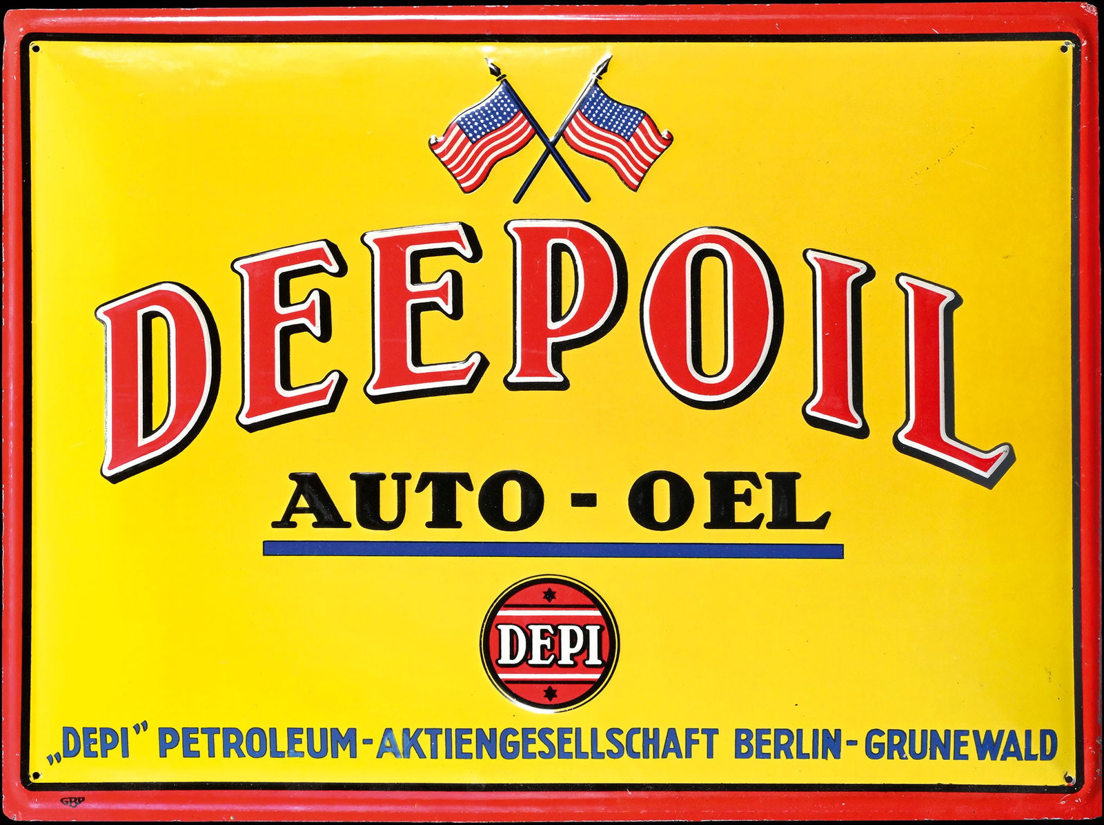 DEEPOIL | RARE 19" TIN SIGN | SUPERB CONDITION: Tin sign, convex, embossed, lithographed, GER around 1930, 49 x 36 cm, marked: GRP, the only known example, in excellent condition; beneath the crossed U.S. flags, the ad promotes motor oil from the U