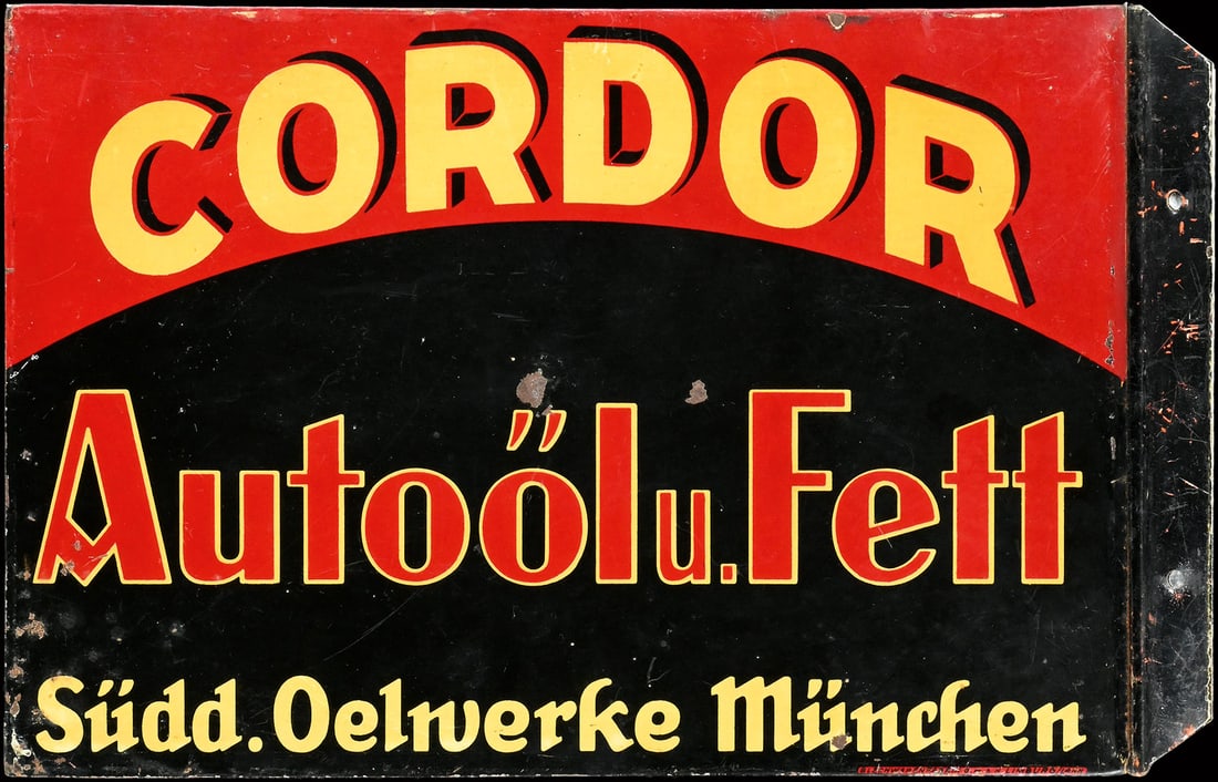 CORDOR AUTOOEL U. FETT | 15" TIN SIGN | A RARE DOUBLE SIDED FLANGE: Tin sign as double-sided flange, GER around 1915, 39 x 25 cm, Blechwarenfabrik G.m.b.H. Limburg/Lahn, a rare small flange in imperial colors | We do only sell old original pieces - no reproductions or