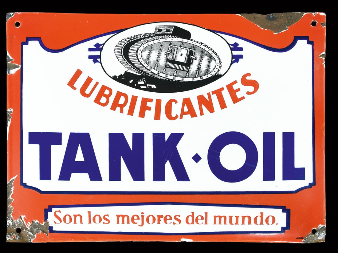 TANK OIL LUBRIFICANTES | 17" PORCELAIN SIGN: Porcelain sign ( Enamel sign ), convex, stenciled and lithographed, ARG around 1930, 42 x 30 cm, a German production for the South American market advertising engine oil that was unknown to us until r