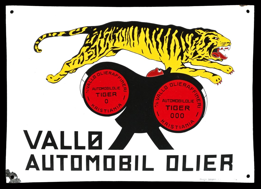 VALLdiam. AUTOMOBIL OLIER | 17" PORCELAIN SIGN: Porcelain sign ( Enamel sign ), convex, stenciled and lithographed, Oslo (previously "Kristiania") NOR around 1920, 30 x 42 cm, Hugo Strdiam.m & Co., Kristiania, the tiger - which was Oslo's emblem at