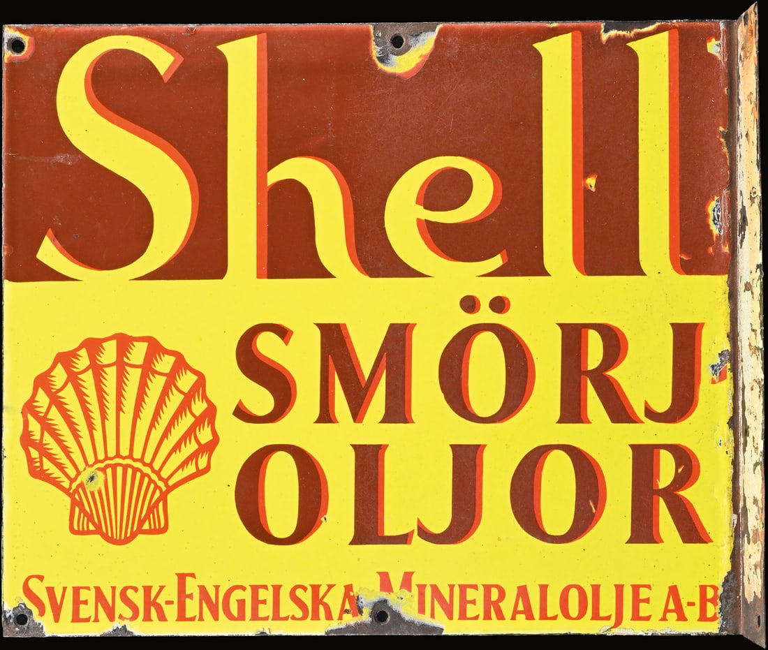 SHELL SMOERJ-OLJOR | 19" PORCELAIN SIGN | DOUBLE SIDED FLANGE: Porcelain sign ( Enamel sign ), double-sided flange, SWE around 1930, 47 x 38 cm, very beautiful gloss, rare | We do only sell old original pieces - no reproductions or fakes. We pack in house, most i