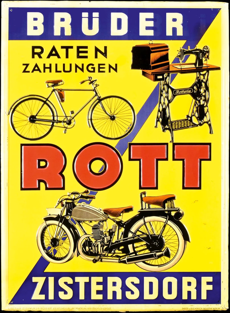 ROTT - MOTORCYCLES, CYCLES & SEWING MACHINES | 27" TIN SIGN | SUPERB CONDITION: Tin sign, embossed, lithographed, AT 1920s, 49 x 69 cm, Papier- und Blechdruck Industrie Wien, even 100 years ago, people were already trying to make expensive products affordable for the average work