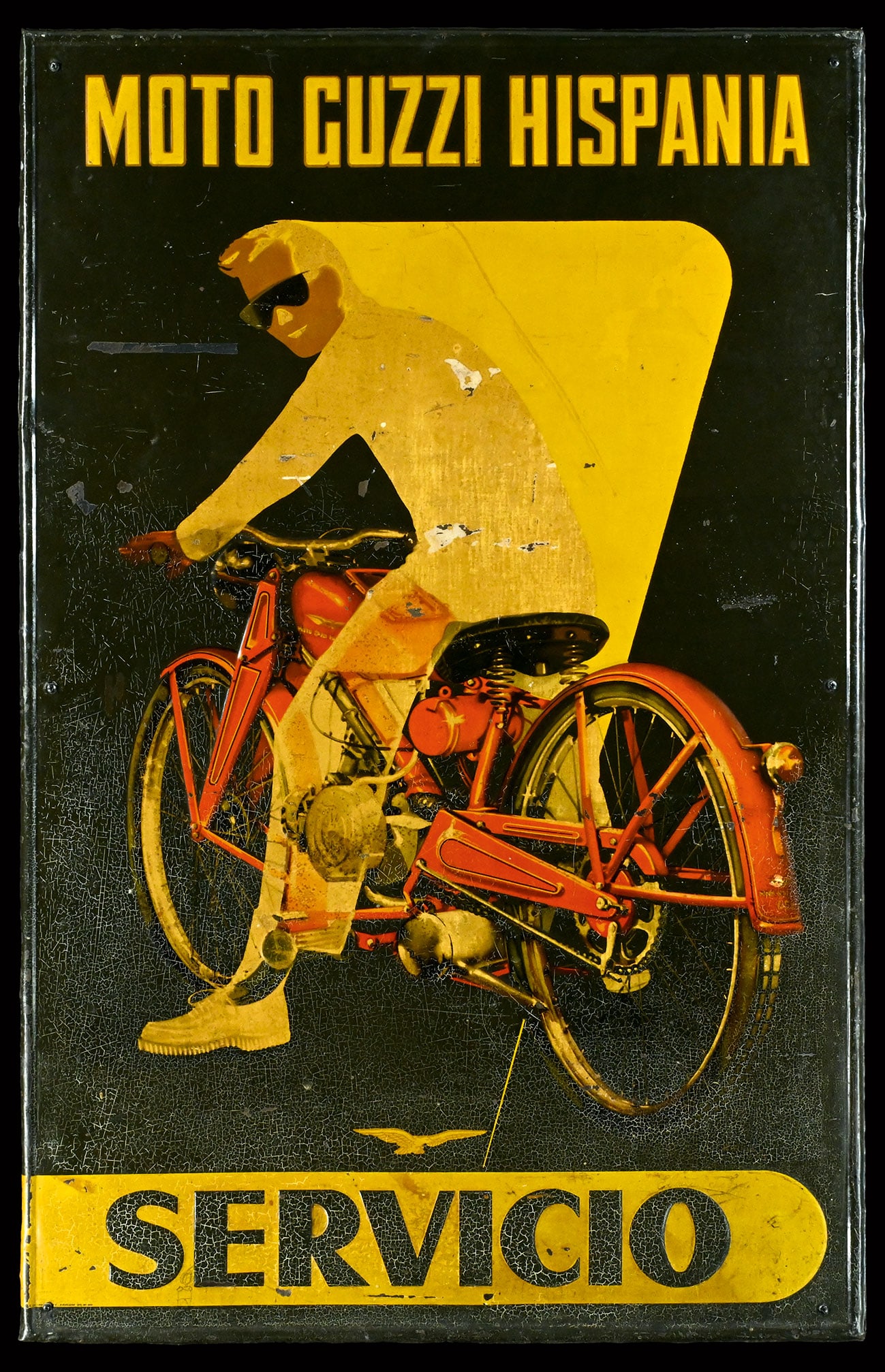 MOTO GUZZI SERVICIO | RARE 38" TIN SIGN: Tin sign, in imposing big format, embossed and lithographed, IT/ESP 1955, 62 x 97 cm, G. de Andreis, Badalona, striking applied art, the 'Sonny boy' gazes casually at the viewer from his Moto Guzzi Ca