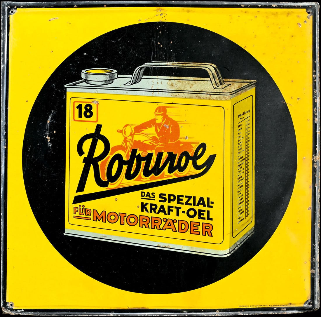 ROBUROL MOTORCYCLE SPECIAL POWER OIL | SUPER RARE 13" TIN SIGN: Tin sign, slightly convex, lithographed, GER around 1930, 32 x 32 cm, Deutsches Blechwarenwerk A.G. Braunschweig, a masterpiece with clear message, the only piece known to us in such fine preservation