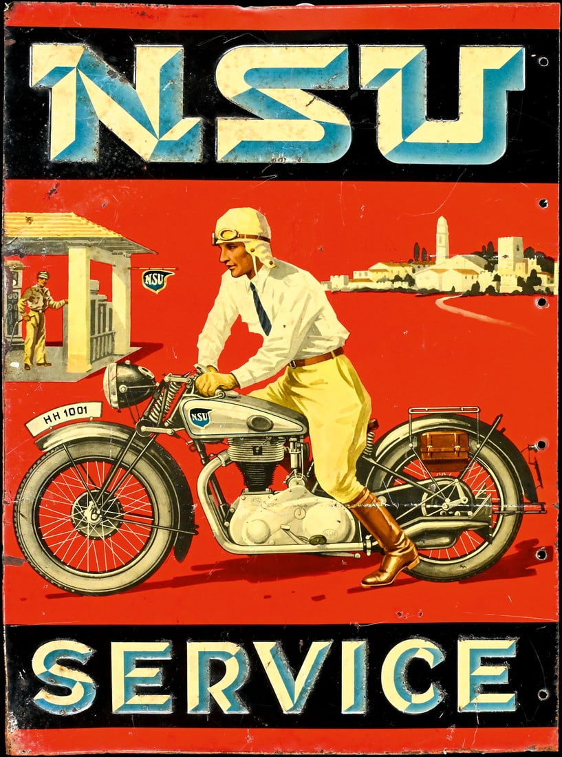 NSU SERVICE | MAGNIFICIENT 20" TIN SIGN: Tin sign, embossed, lithographed, GER 1920s, 36 x 50 cm, the motorcyclist in full gear elegantly remounts his NSU bike after refueling, on the right side with mounting holes and a flanged edge - a tru