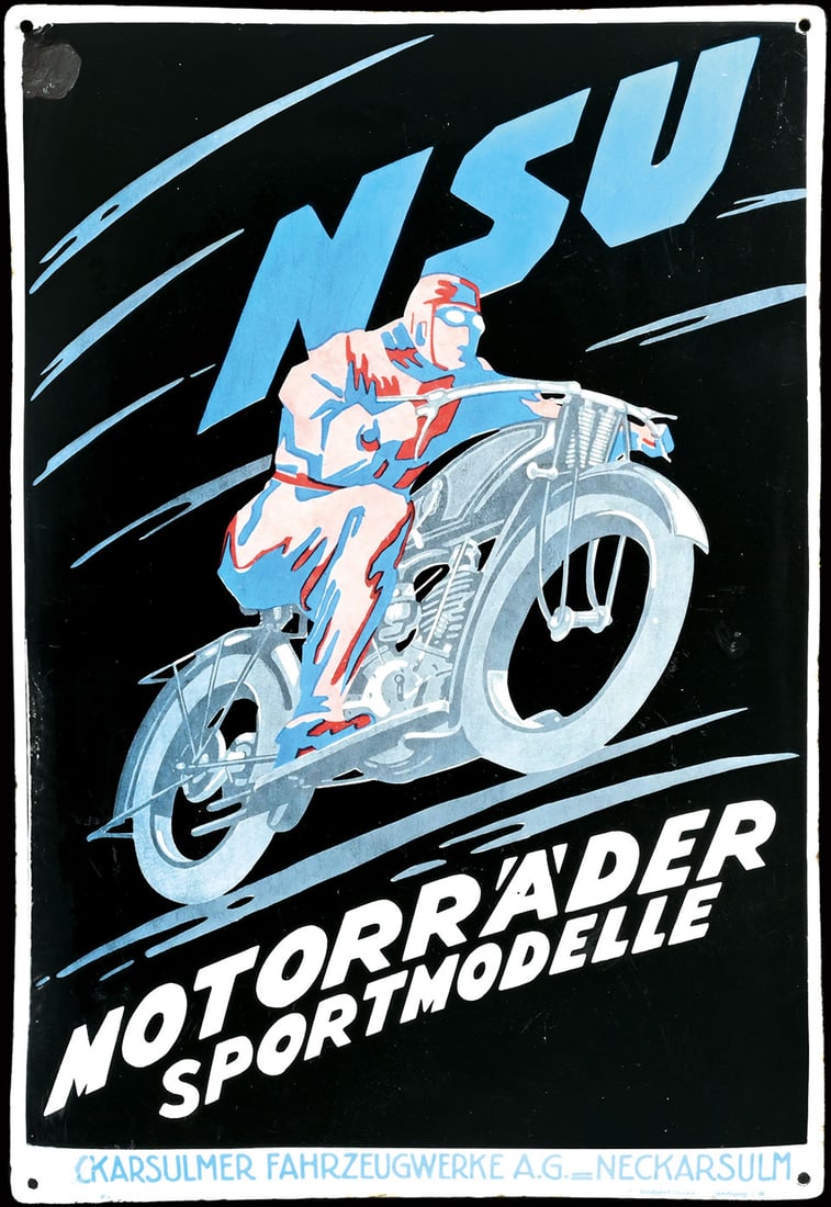 NSU MOTORRAEDER SPORTMODELLE | 27" PORCELAIN SIGN: Porcelain sign ( Enamel sign ), stenciled and lithographed, GER around 1930, 47 x 69 cm, Ferro-Email - C. Robert Dold, Offenburg i.B., designed by Dipl.-Ing. von Loewe, Steglitz, high-gloss finish, so