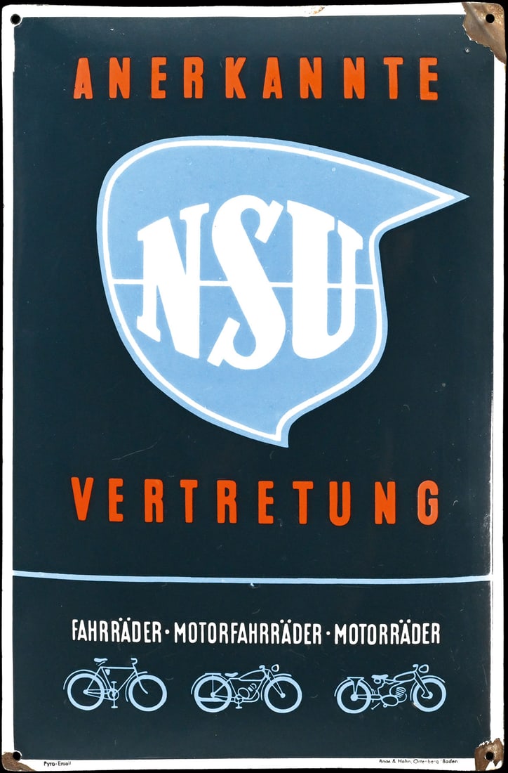 NSU VERTRETUNG | 23" PORCELAIN SIGN: Porcelain sign ( Enamel sign ), convex, stenciled, GER around 1954, 39 x 59 cm, Pyro-Email, Boos & Hahn, Ortenberg-Baden, very beautiful gloss and colors | We do only sell old original pieces - no rep