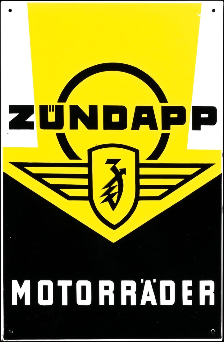 ZUENDAPP MOTORRAEDER | 23" PORCELAIN SIGN: Porcelain sign ( Enamel sign ), stenciled, GER 1930s, 39 x 59 cm, Muenchener Emaillier- u- Stanzwerk, Muenchen, a classic with a very glossy surface, the back still with the old mounting manual | We d