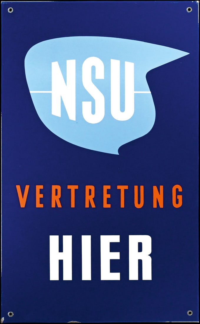 NSU VERTRETUNG | 31" PORCELAIN SIGN | SUPERB CONDITION: Porcelain sign ( Enamel sign ), stenciled, GER 1950s, 48 x 78 cm, Pyro-Email, Boos & Hahn, Ortenberg/Baden | We do only sell old original pieces - no reproductions or fakes. We pack in house, most ite