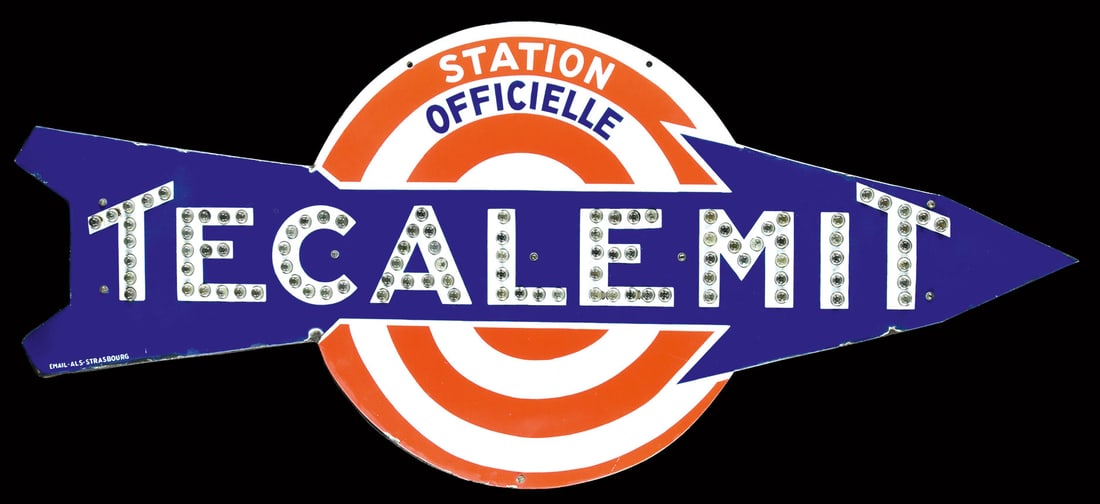 TECALEMIT STATION | 59" PORCELAIN SIGN | DOUBLE SIDED HANGER: Hanger consisting of 2 enamel signs attached to each other, stenciled, glass inserts, F around 1930, 150 x 65 cm, Emaillerie Alsacienne Strasbourg, an impressive garage sign, in addition to its sheer 