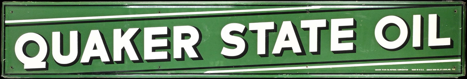 QUAKER STATE OIL | 72" TIN SIGN: Tin sign, embossed, USA 1950s, 182 x 30 cm | *Bulky-item shipping is available | We do only sell old original pieces - no reproductions or fakes. We pack in house, most items can be shipped overseas. 