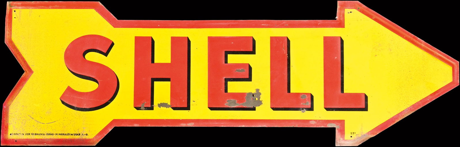 SHELL | RARE 43" TIN SIGN: Tin sign, embossed, GER February 1931, 108 x 35 cm, rare tin arrow in original condition | We do only sell old original pieces - no reproductions or fakes. We pack in house, most items can be shipped 