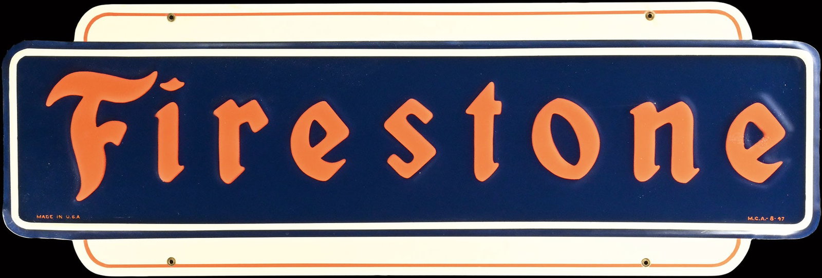 FIRESTONE | 48" TIN SIGN | SUPERB CONDITION: Tin sign, embossed, USA 1947, 122 x 41 cm, marked: Made in USA, M.C.A | *Bulky-item shipping is available | We do only sell old original pieces - no reproductions or fakes. We pack in house, most item