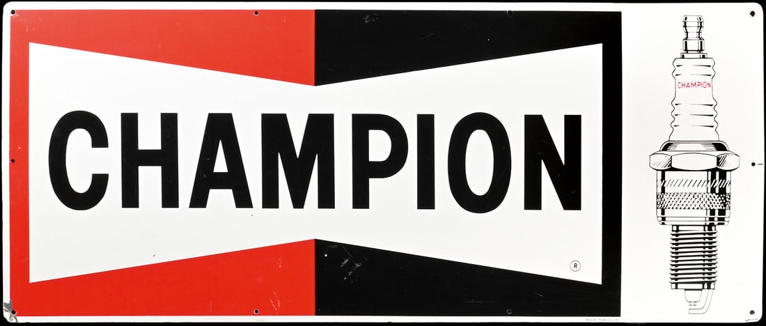 CHAMPION | 36" TIN SIGN: Tin sign, around 1960, 91 x 38 cm | We do only sell old original pieces - no reproductions or fakes. We pack in house, most items can be shipped overseas. Wooden crates are available. For further ship