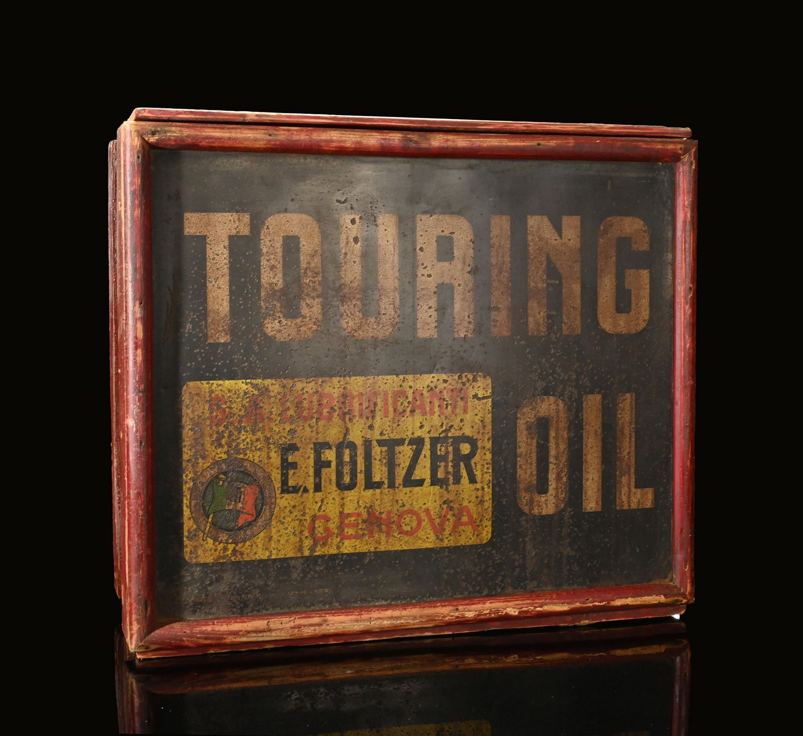 TOURING OIL | 22" WOODEN OIL CRATE: Oil can box, wood, the front with Tin sign, IT around 1930, 63 x 26 cm, H 56 cm | We do only sell old original pieces - no reproductions or fakes. We pack in house, most items can be shipped overseas.