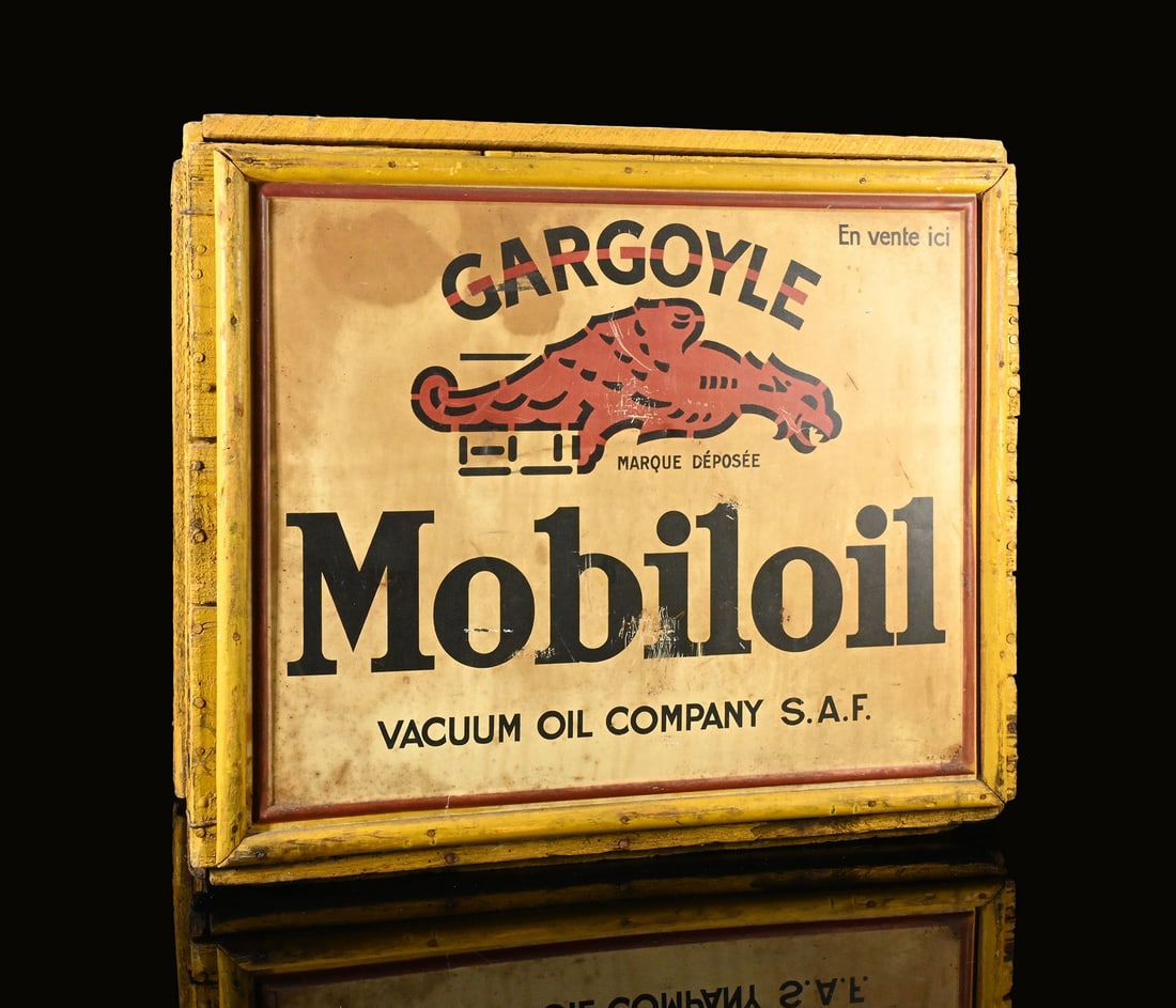 GARGOYLE MOBILOIL CRATE | 20" WOODEN OIL CRATE: Oil can box, wood, front and back with Tin signs, F around 1930, 59 x 33 cm, H 51 cm, rarer version with a tin attached to the back as well | We do only sell old original pieces - no reproductions or 