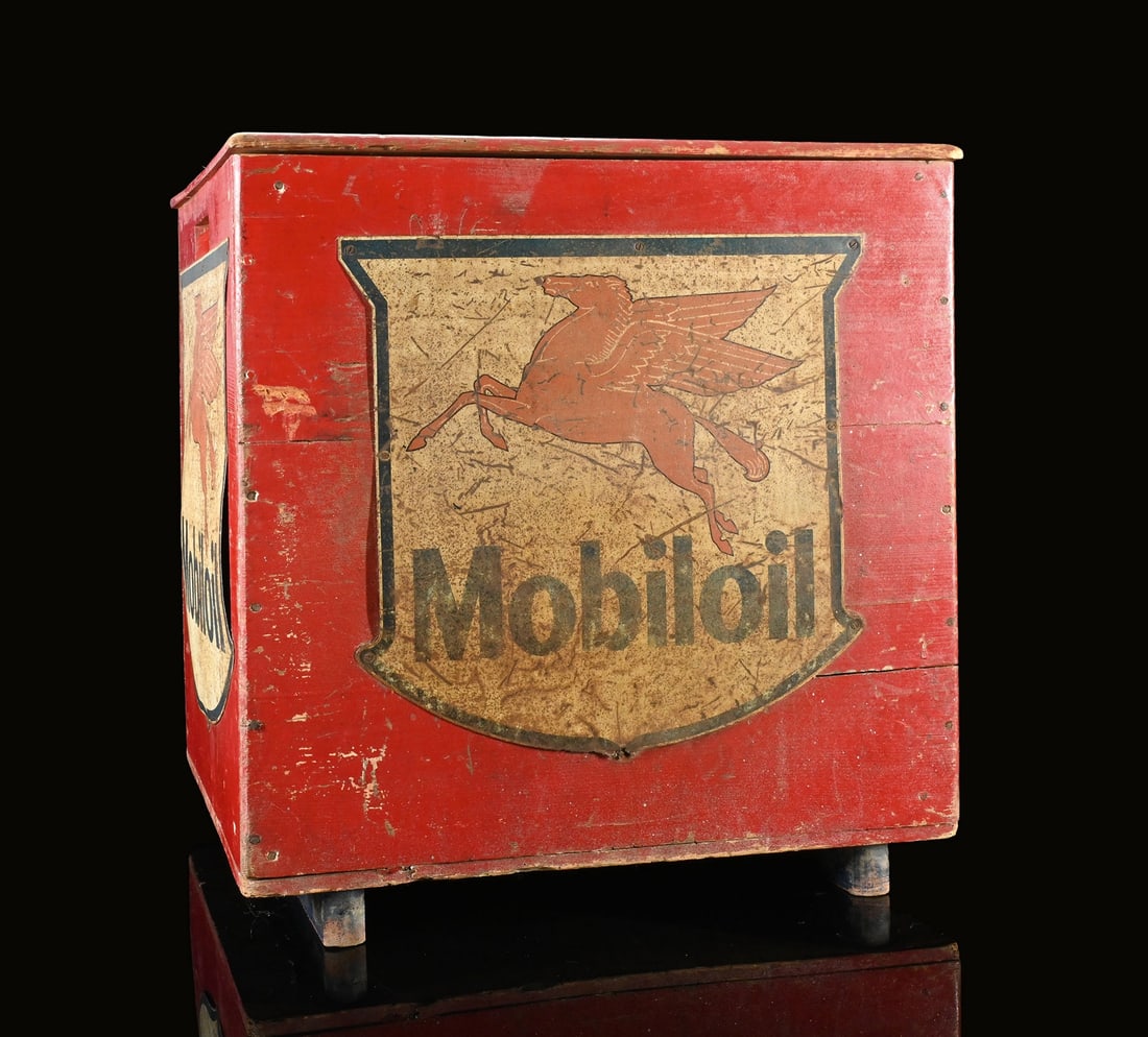 MOBILOIL | 21" WOODEN OIL CRATE: Oil can box, wood, three sides with Tin signs, around 1950, 50 x 42 cm, H 53 cm | We do only sell old original pieces - no reproductions or fakes. We pack in house, most items can be shipped overseas.