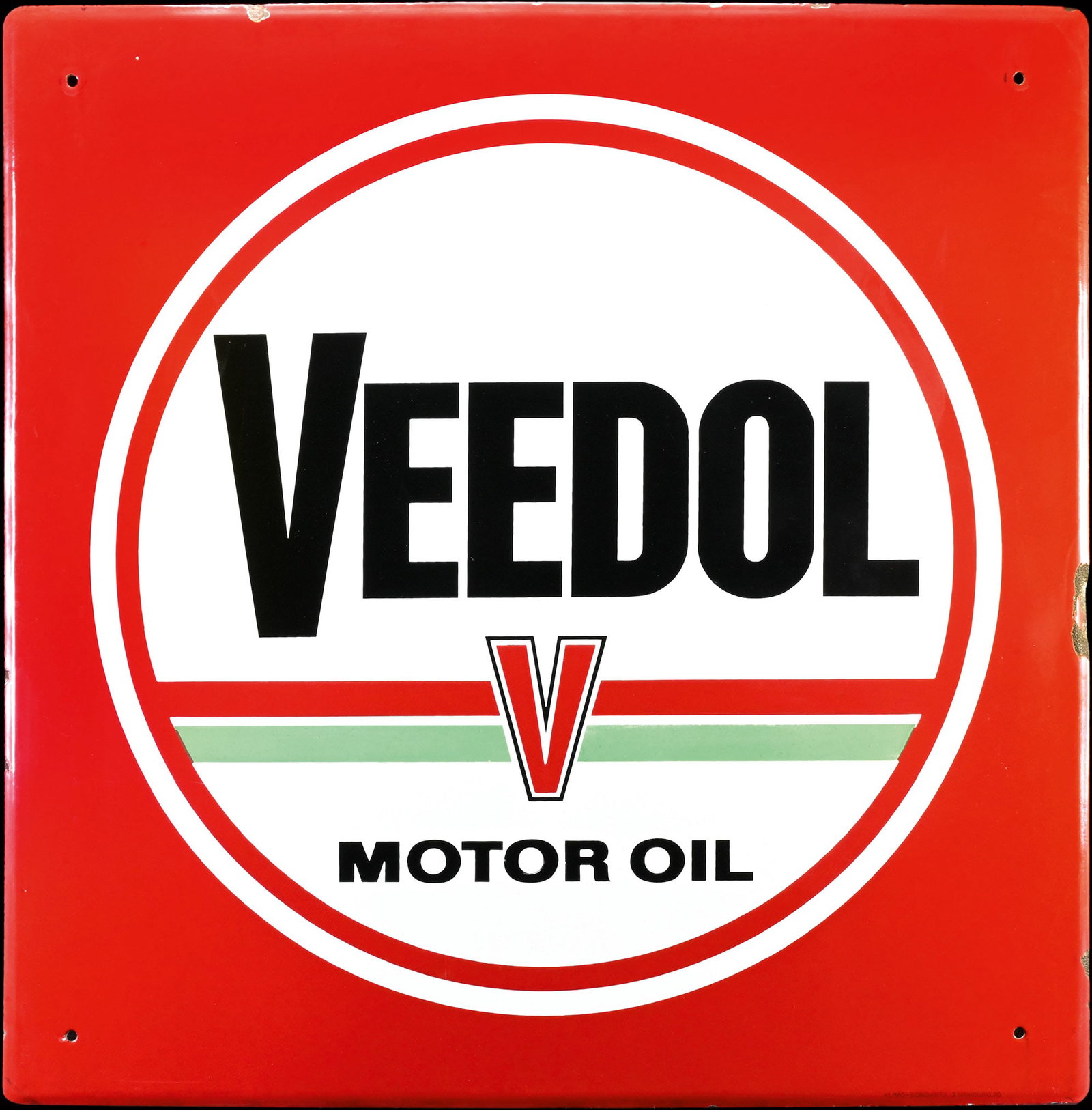 VEEDOL MOTOR OIL | 30" PORCELAIN SIGN: Porcelain sign ( Enamel sign ), stenciled, 1970, 75 x 75 cm, Klimo & Bongartz, Hamburg-Wandsbek | We do only sell old original pieces - no reproductions or fakes. We pack in house, most items can be s