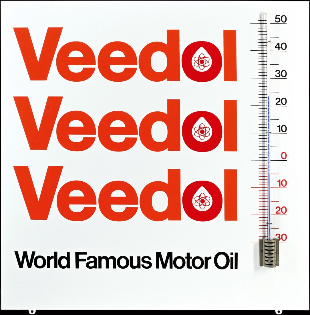 VEEDOL - WORLD FAMOUS MOTOR OIL | 27" PORCELAIN SIGN | SUPERB CONDITION: Porcelain sign ( Enamel sign ), stenciled, integrated thermometer (original, working), around 1970, 68 x 68 cm, Pyro-Email - Boos & Hahn, Ortenberg/Baden, the back with the old inspection tag from the