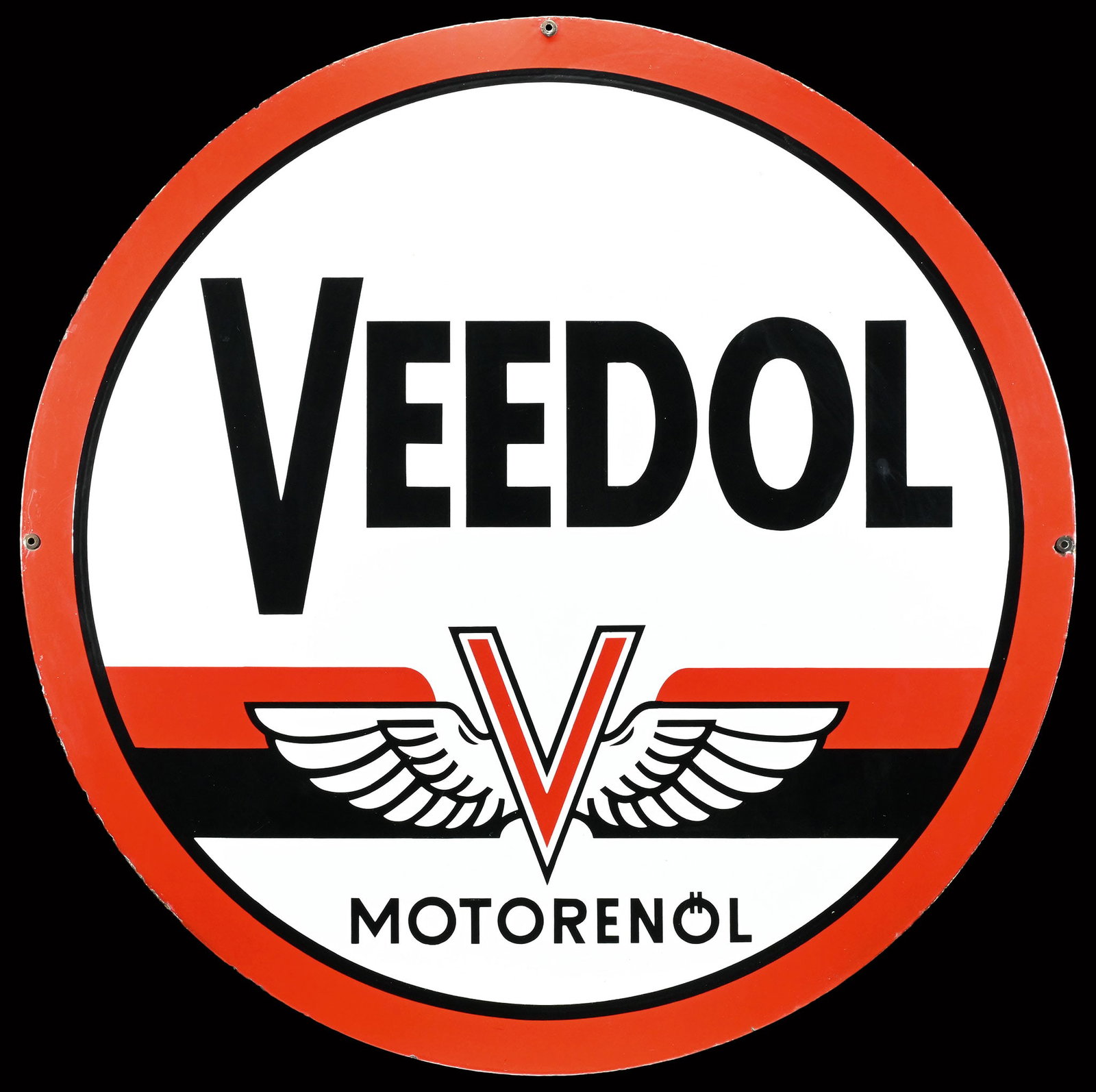 VEEDOL MOTORENOEL | BIG SIZE 49" PORCELAIN SIGN | SUPER RARE DOUBLE SIDED HANGER IN MAGNIFICIENT CON: Porcelain sign ( Enamel sign ) as double-sided hanger, stenciled, around 1950, diam. 125 cm, huge size and weight, the ideal sign for any vintage car hall, it must have throned in front of an old gas 