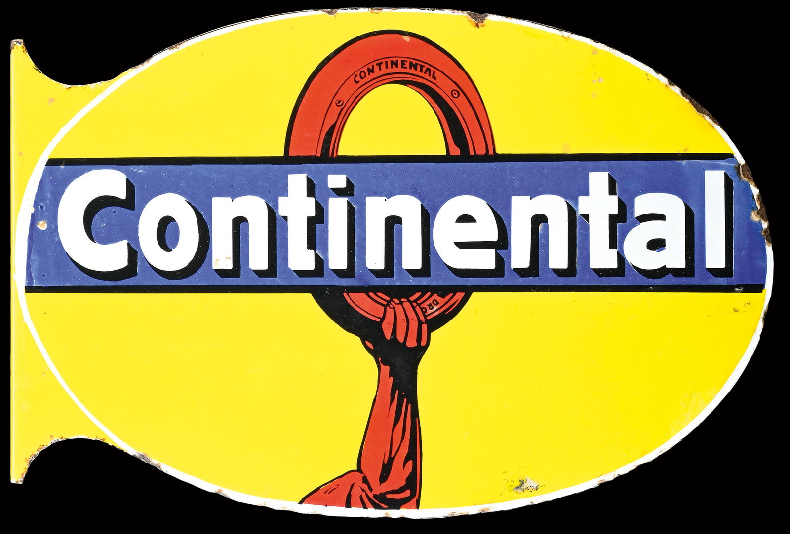 CONTINENTAL | EARLY 24" PORCELAIN SIGN | DOUBLE SIDED FLANGE: Porcelain sign ( Enamel sign ) as double-sided flange, stenciled, around 1920, 61 x 40 cm, an early piece which is rare in such fine preservation, very beautiful gloss and colors, also nearly free of 