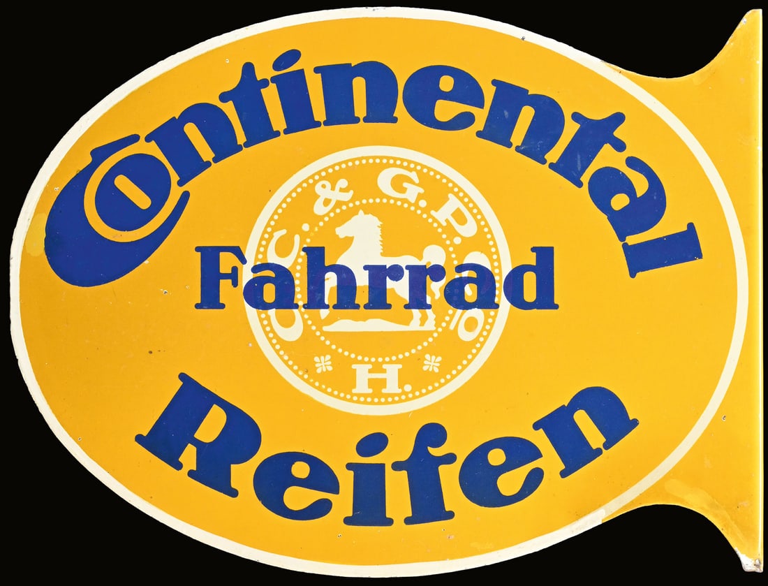 CONTINENTAL FAHRRAD REIFEN | 13" TIN SIGN | DOUBLE SIDED FLANGE: Tin sign as double-sided flange, GER around 1930, 34 x 26 cm, the border has been retouched at the factory, one side is in superb condition, the other has a slight patina, rare in this small format | 