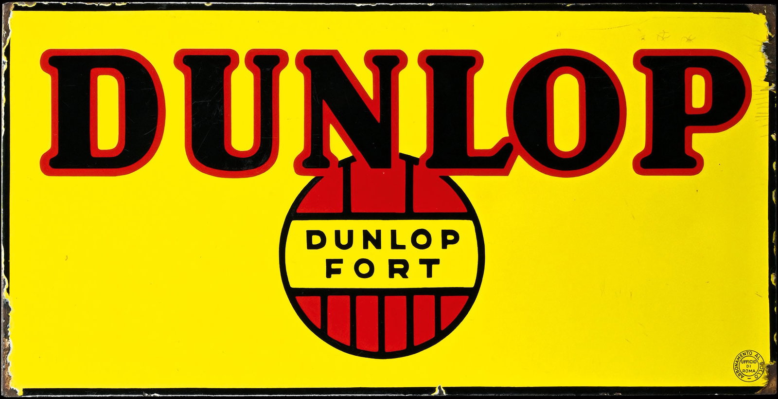 DUNLOP FORT | 24" PORCELAIN SIGN | DOUBLE SIDED FLANGE: Porcelain sign ( Enamel sign ) as double-sided flange, stenciled, 1930s, 60 x 30 cm, very beautiful gloss and colors, rare | We do only sell old original pieces - no reproductions or fakes. We pack in