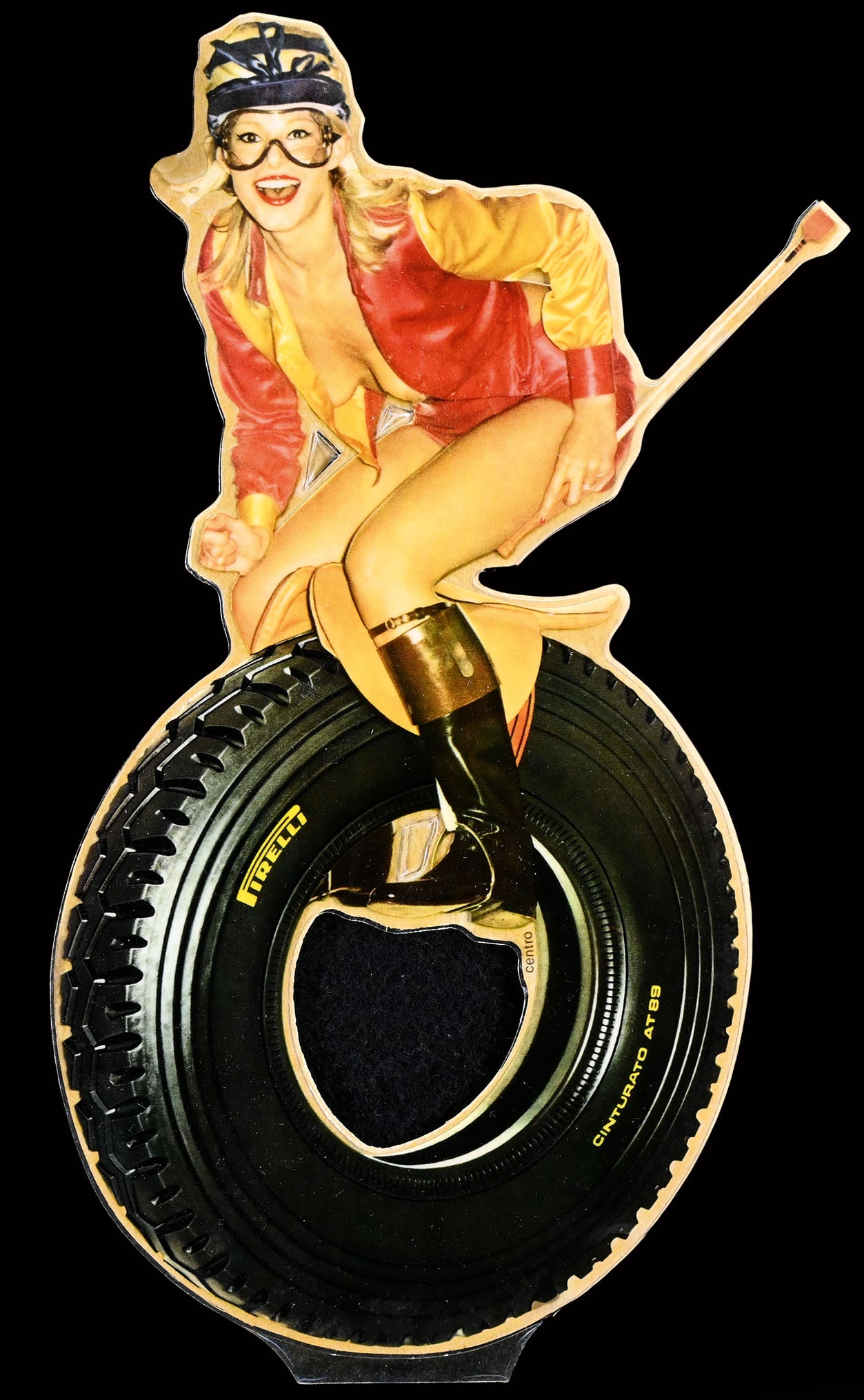 PIRELLI CINTURATO AT89 | 12" PIN UP STICKER/DECAL | SUPERB CONDITION: Pin Up, plastic, decal, IT around 1970, 16 x 30 cm, marked: Meyercord | We do only sell old original pieces - no reproductions or fakes. We pack in house, most items can be shipped overseas. Wooden cr