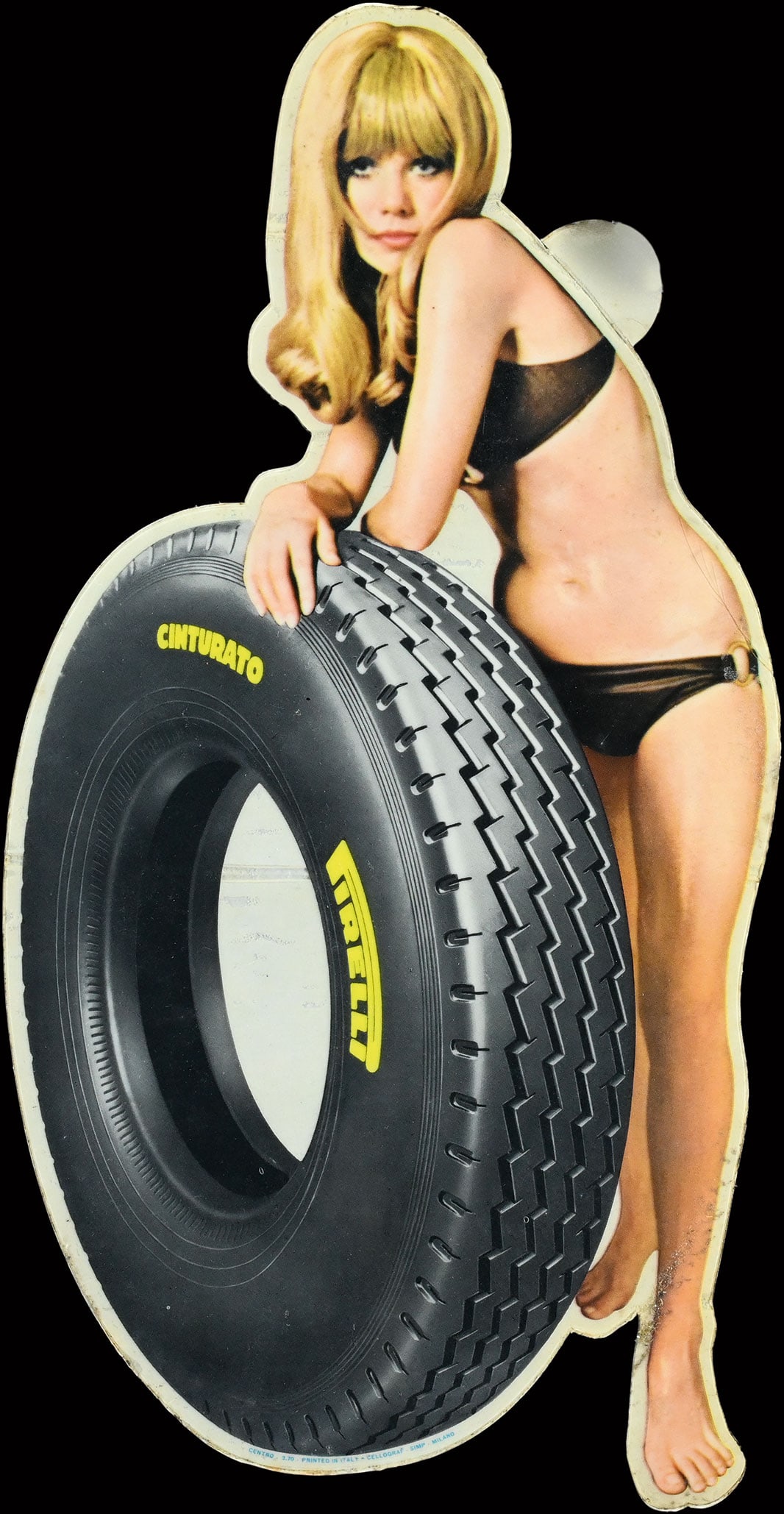 PIRELLI CINTURATO | 11" PIN UP STICKER/DECAL | SUPERB CONDITION: Pin Up, plastic, decal, IT dated 3.1970, 14 x 28 cm, marked: Cellograf simp. Milano | We do only sell old original pieces - no reproductions or fakes. We pack in house, most items can be shipped overs
